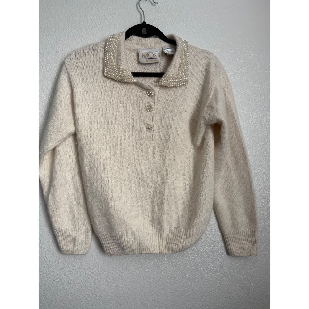 VTG Ninon de Lenclos Vintage Silk Angora Pearl Collar Sweater Cream Womens Small